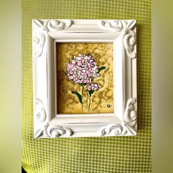 Original flower acrylic painting, abstract. Ornate White Frame  4x4.25 inches - Picture 4 of 11